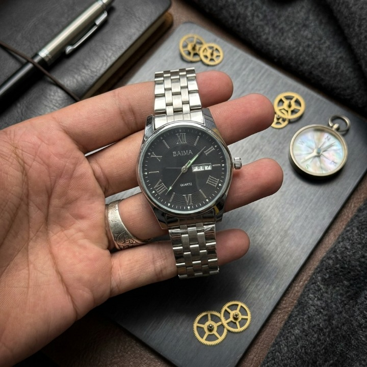 Baima Quartz Stainless Steel Wristwatch – Roman Numerals with Day & Date Display